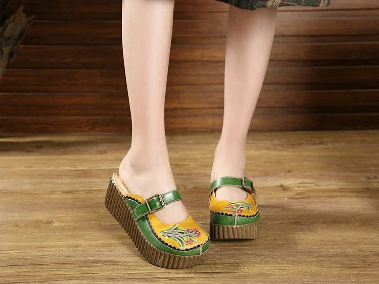 Wedge Slides Shoes Women Buckle Flower Cut Out Summer Leather Platform Slippers