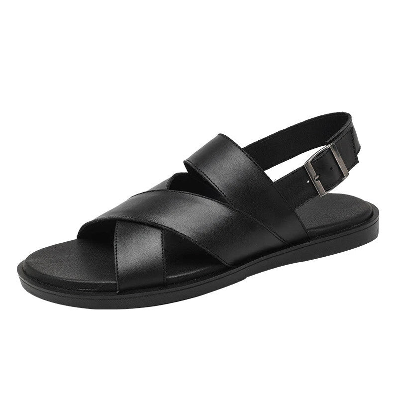 Mens Slingback Sandals Open Toe Real Leather Cowhide Strap Flats Summer Shoes sz