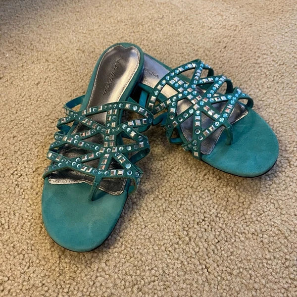 VIA SPIGA DUSTIN Green Suede Jeweled Designer Fashion Thongs Sandals 7.5/ $155