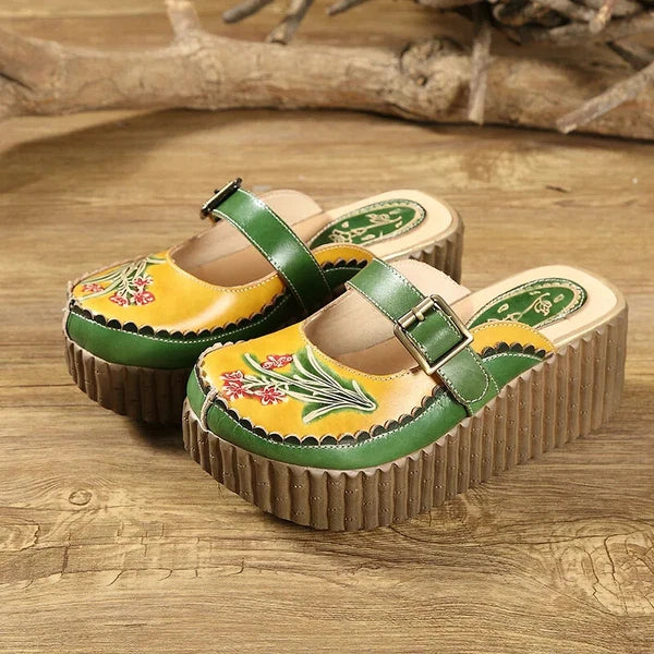 Wedge Slides Shoes Women Buckle Flower Cut Out Summer Leather Platform Slippers