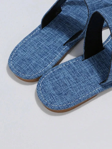 Women's Denim Jean Sandals Cute Dressy Toe Ring Strappy Slip on Slide Flats S...