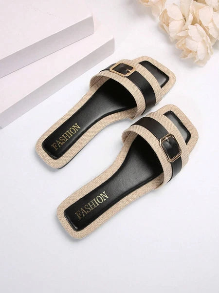Women’s Summer Flat Sandals Square Toe Slip On Non-Slip Beach Slides Casual"