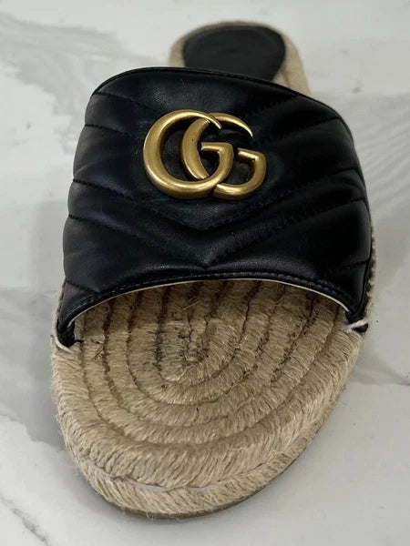 🖤 GUCCI Black Nappa Matelasse Gold GG Marmont Espadrille Slide Sandals 10 US 41