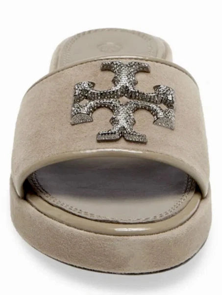 TORY BURCH ELEANOR HEELED SLIDE CRYSTAL LOGO GRAY HERON SUEDE SZ US 8 NIB