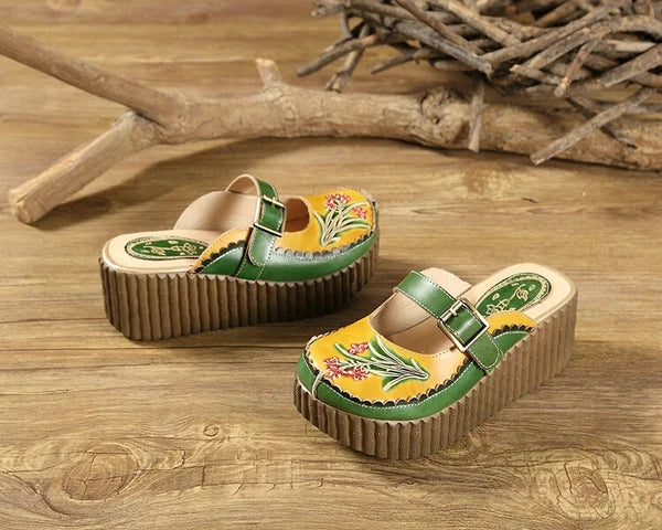Wedge Slides Shoes Women Buckle Flower Cut Out Summer Leather Platform Slippers