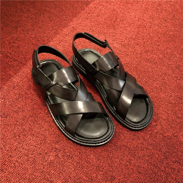 Open Toe Sandal Casual Real Leather Mens Beach Shoes Flats Roman Style Summer 44
