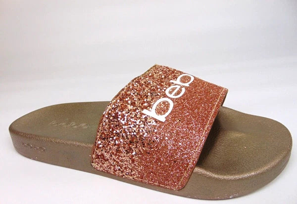 Bebe Women's Fraida Glitter Slide Fashion Sandals Flats Size 8.0 M, Rose Gold