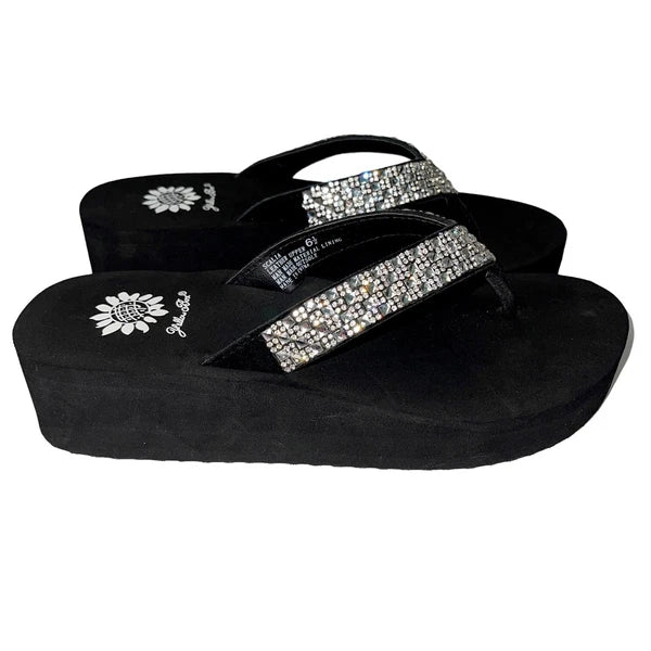 Yellow Box Flip Flops Womens 6.5 Black Clear Rhinestone Wedge Sandals Scalia