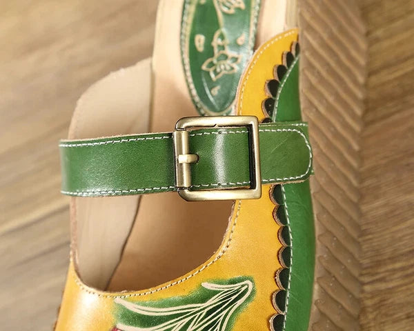 Wedge Slides Shoes Women Buckle Flower Cut Out Summer Leather Platform Slippers