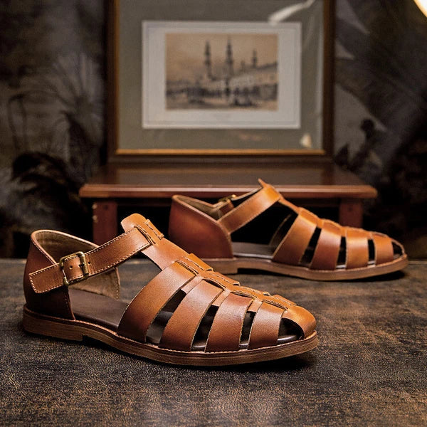 Roman Style Closed Toe Sandals Hollow Out Buckle Real Leather Men's Shoes Casual