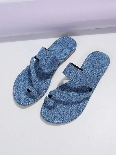 Women's Denim Jean Sandals Cute Dressy Toe Ring Strappy Slip on Slide Flats S...