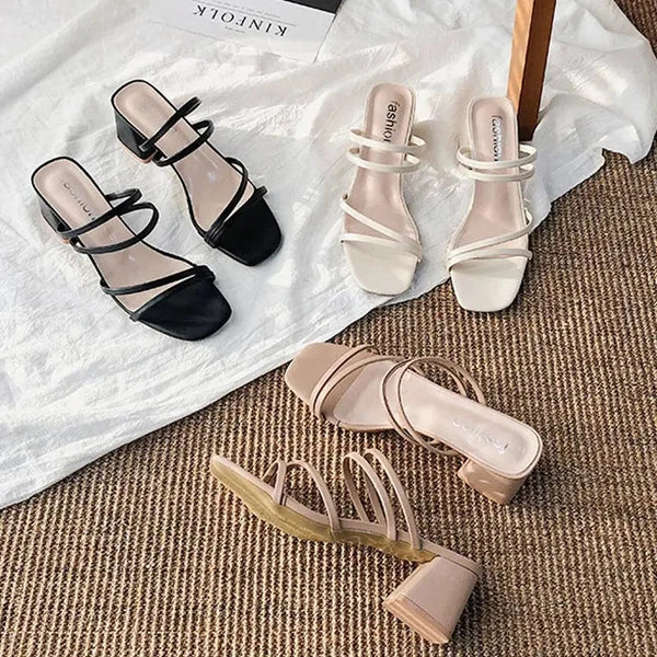 Women Sandal Square Heel Elegant Summer Slipper Outside CrossTied Leather Slides