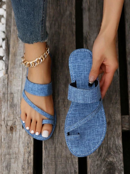 Women's Denim Jean Sandals Cute Dressy Toe Ring Strappy Slip on Slide Flats S...