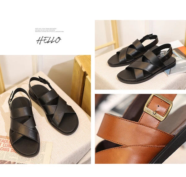 Mens Slingback Sandals Open Toe Real Leather Cowhide Strap Flats Summer Shoes sz