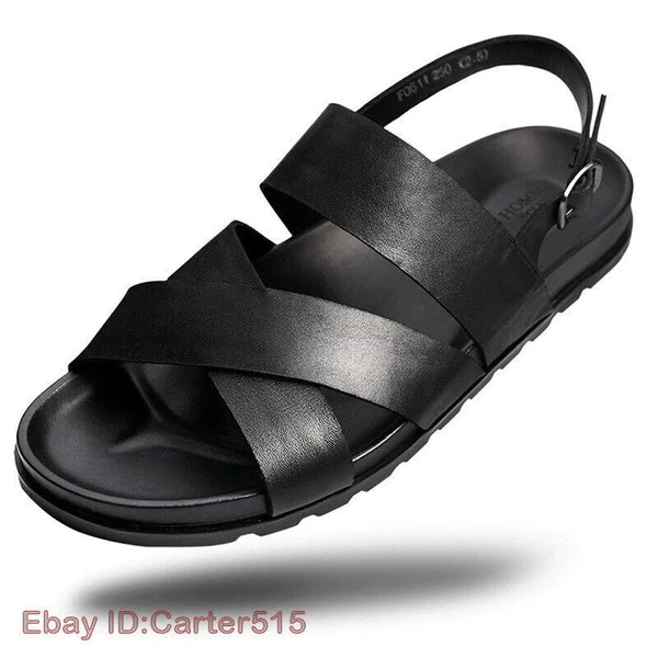 Open Toe Sandals Slingbacks Buckle Real Leather Men's Beach Shoes Roman Style 43