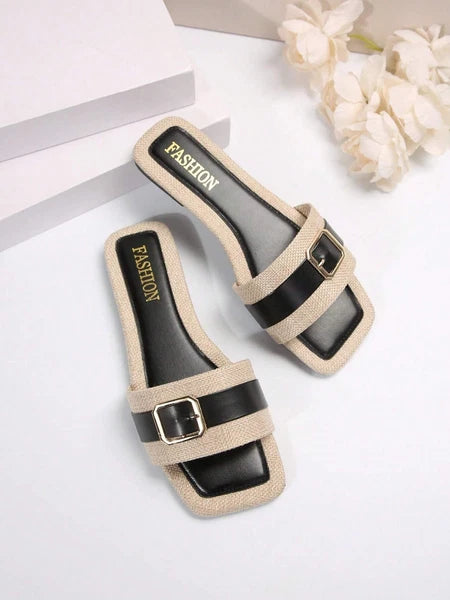 Women’s Summer Flat Sandals Square Toe Slip On Non-Slip Beach Slides Casual"