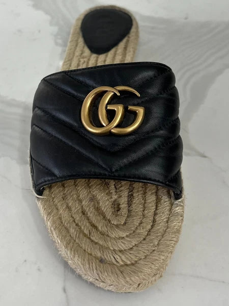 🖤 GUCCI Black Nappa Matelasse Gold GG Marmont Espadrille Slide Sandals 10 US 41