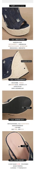 Women's Hemp Rope Weaving High Wedge Heel Slip On Slippers Denim Jeans Hole Mule