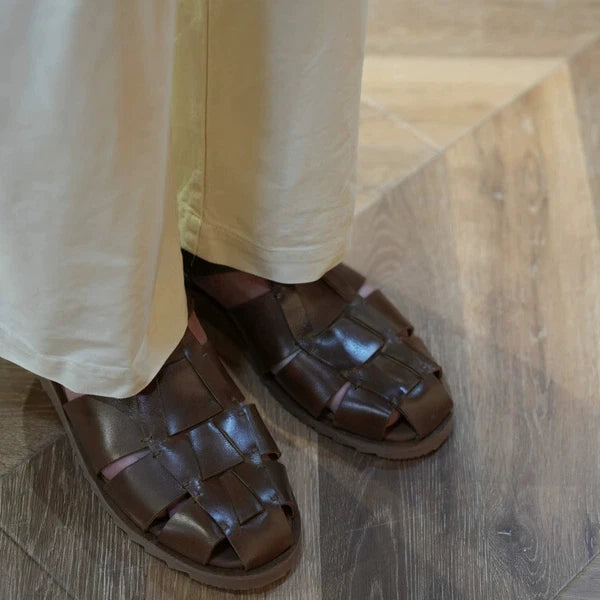 Retro Roman Style Closed Toe Sandals Buckle Real Leather Knit Mens Shoes Summer