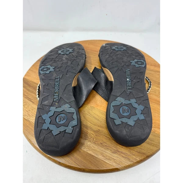 Merrell Amber Black Leather Braided Strap Sandals Women's US 10 Thong