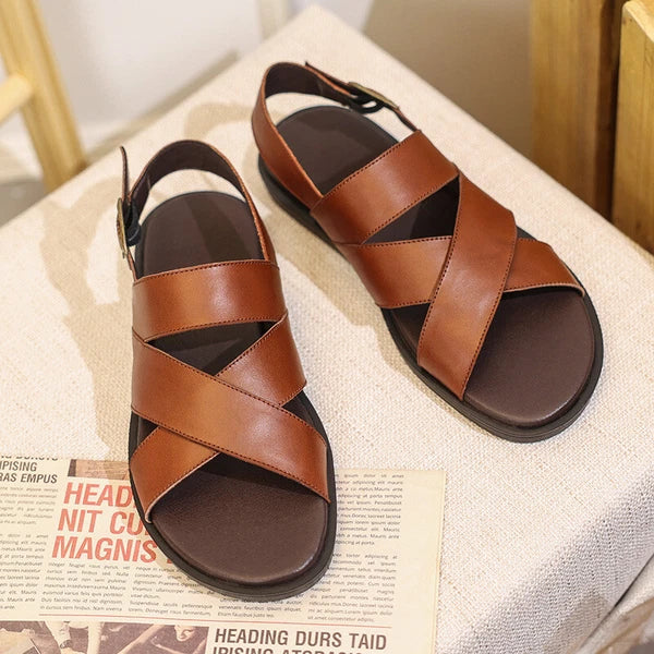 Mens Slingback Sandals Open Toe Real Leather Cowhide Strap Flats Summer Shoes sz