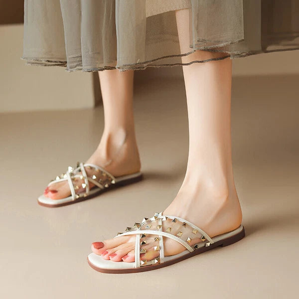Womens Fashion Transparent Studs Crossover Beach Slipper Sandal Shoes Mules b95