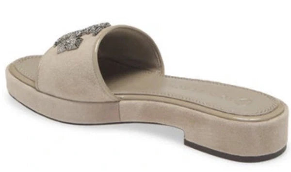 TORY BURCH ELEANOR HEELED SLIDE CRYSTAL LOGO GRAY HERON SUEDE SZ US 8 NIB