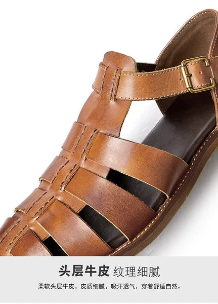 Roman Style Closed Toe Sandals Hollow Out Buckle Real Leather Men's Shoes Casual