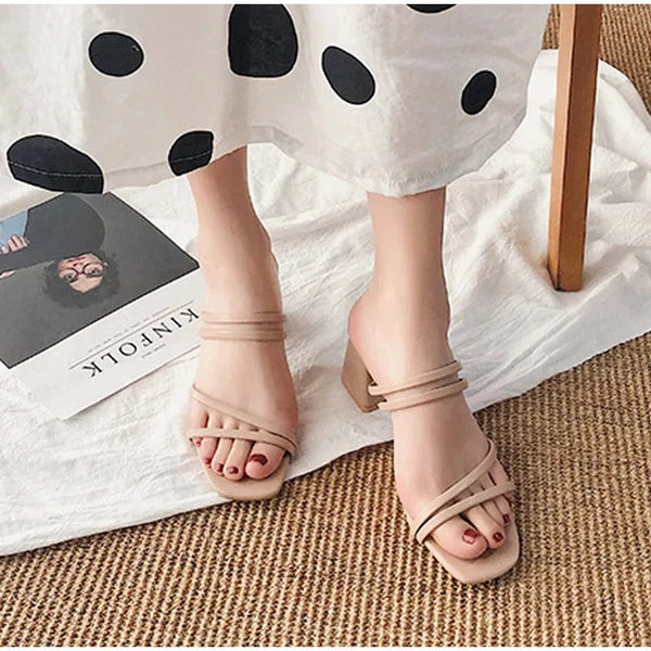 Women Sandal Square Heel Elegant Summer Slipper Outside CrossTied Leather Slides