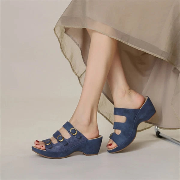 Women's Platform Chunky Heel Roman Clog Sandals Fashion Buckle Cut Out Slides