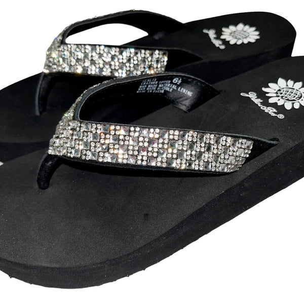 Yellow Box Flip Flops Womens 6.5 Black Clear Rhinestone Wedge Sandals Scalia