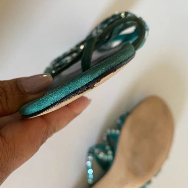 VIA SPIGA DUSTIN Green Suede Jeweled Designer Fashion Thongs Sandals 7.5/ $155