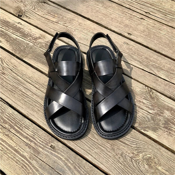 Open Toe Sandal Casual Real Leather Mens Beach Shoes Flats Roman Style Summer 44