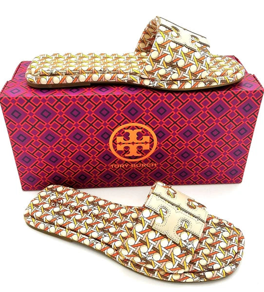 TORY BURCH DOUBLE T SPORT SLIDE SANDAL LEATHER MULTI PINK CANING/LOGO SZ 7.5 NIB