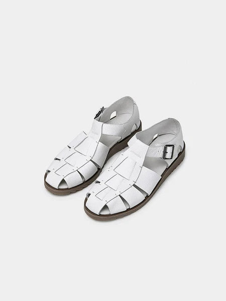Retro Roman Style Closed Toe Sandals Buckle Real Leather Knit Mens Shoes Summer