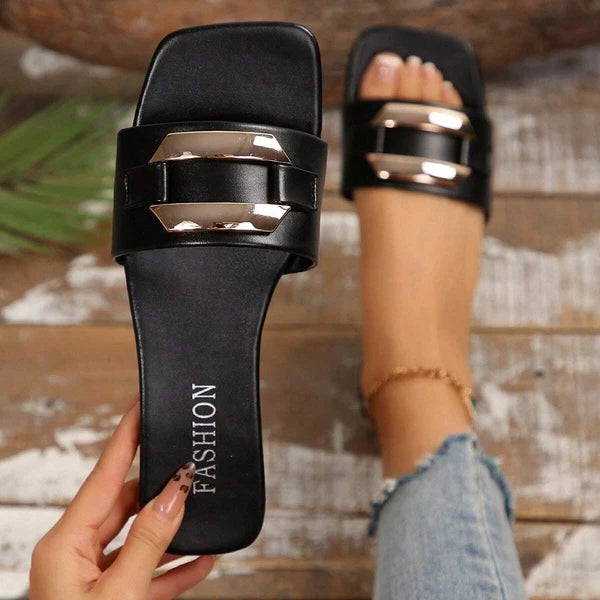 Women’s Summer Flat Sandals Square Toe Slip On Non-Slip Beach Slides Casual"