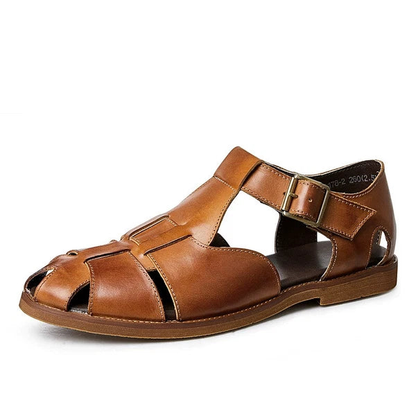 Roman Style Closed Toe Sandals Hollow Out Buckle Real Leather Men's Shoes Casual