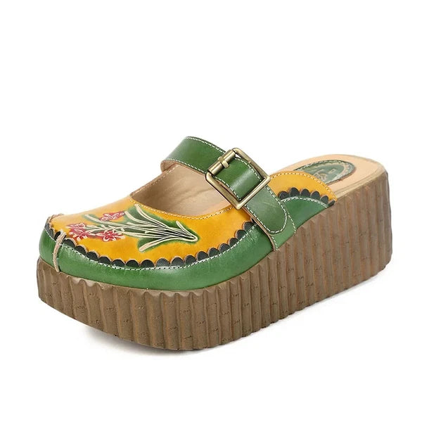Wedge Slides Shoes Women Buckle Flower Cut Out Summer Leather Platform Slippers
