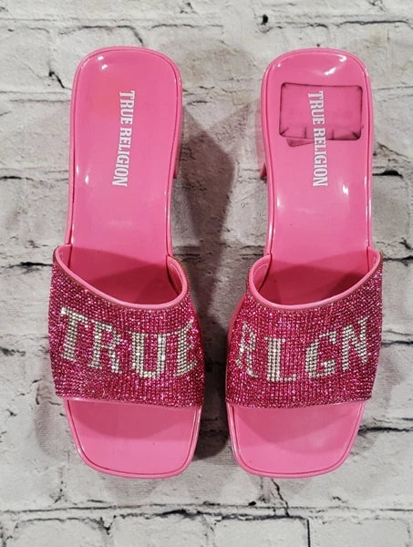 True Religion Bling Silver Pink Stoned Sandals Block Heels WOMENS SIZE 11