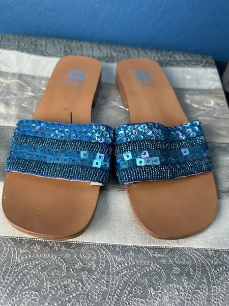 Yellow Box 8 Flat Aqua Blue Slipper Slides Slip-On Sequin Fashion Sandals