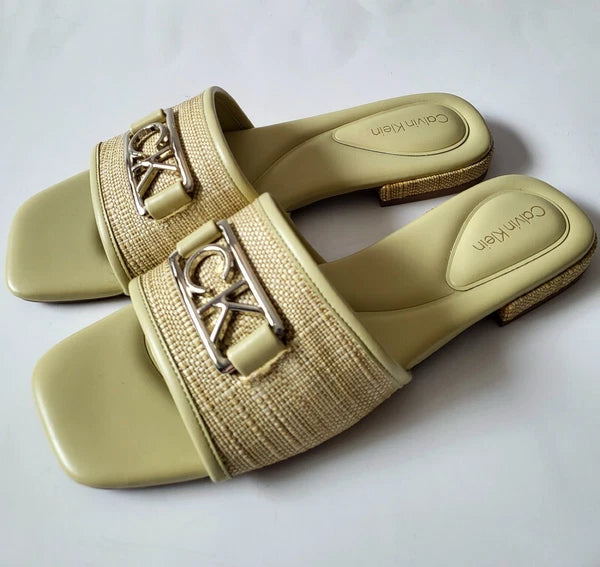 Calvin Klein womens sandals Signature logo Slides Size 8.5 9 Light Yellow