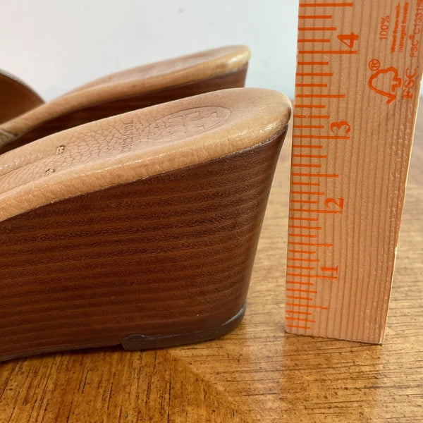 Tory Burch Sandals Womens 7.5 Tan Leather Selma Gold Logo Hi Wedge Slide Slip On