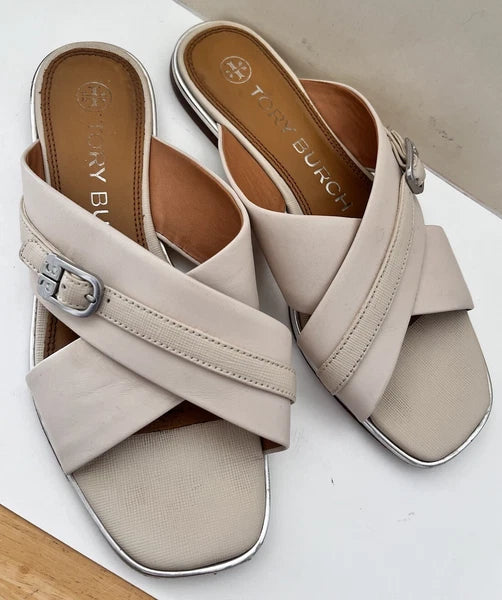 $248 Tory Burch DELANEY Crisscross Flat Slides Sandals Bone Silver Logo Size 6