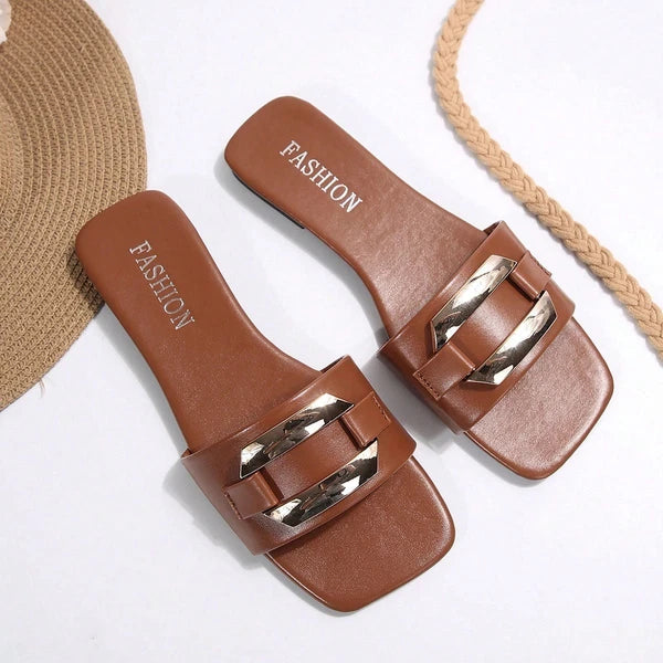 Women’s Summer Flat Sandals Square Toe Slip On Non-Slip Beach Slides Casual"