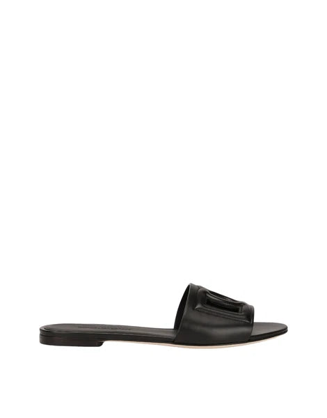 DOLCE&GABBANA Bianca $545 Black DG Leather Slides New And Authentic