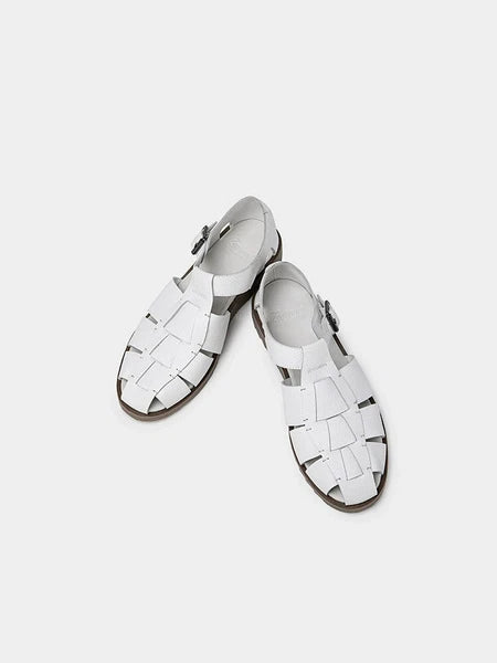 Retro Roman Style Closed Toe Sandals Buckle Real Leather Knit Mens Shoes Summer