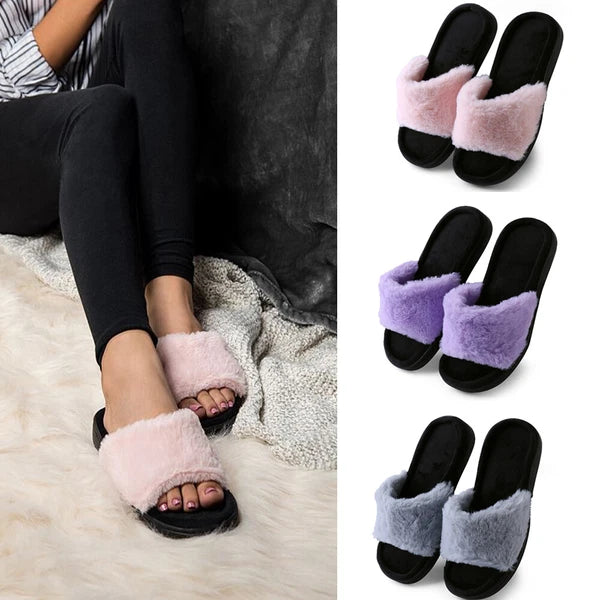 Aerusi Women Fashion Cozy Open Toe Slip-On Slippers Flat Indoor Bedroom Shoes
