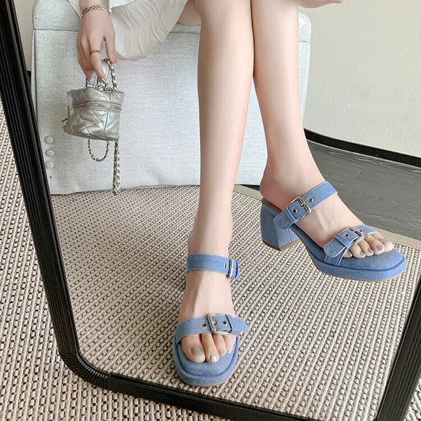 Women's Fashion Denim Buckle Straps Open Toe Block Heel Sandal Shoes Mules SUNS