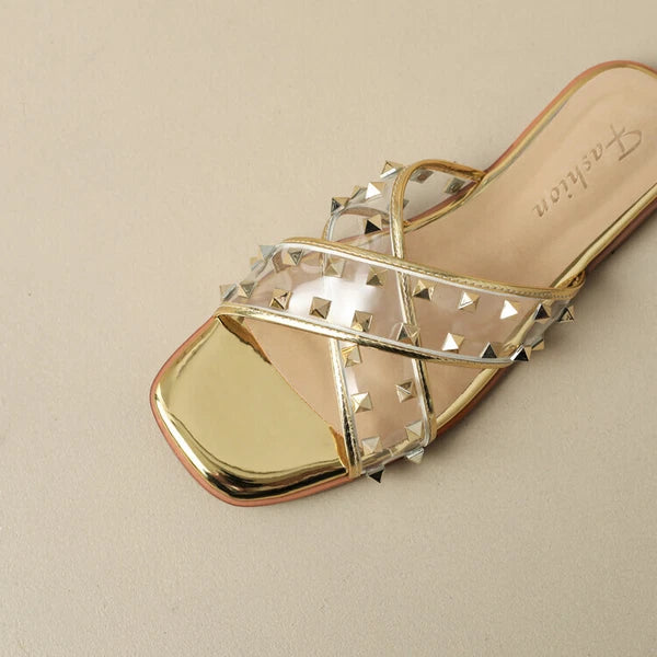Womens Fashion Transparent Studs Crossover Beach Slipper Sandal Shoes Mules b95