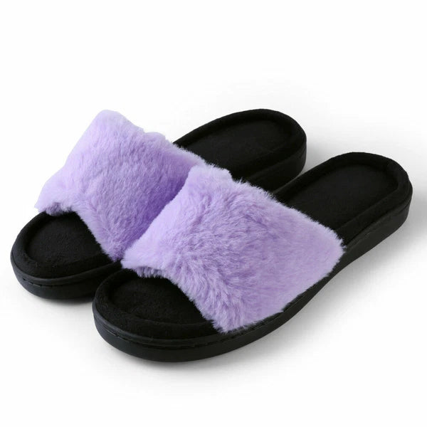Aerusi Women Fashion Cozy Open Toe Slip-On Slippers Flat Indoor Bedroom Shoes